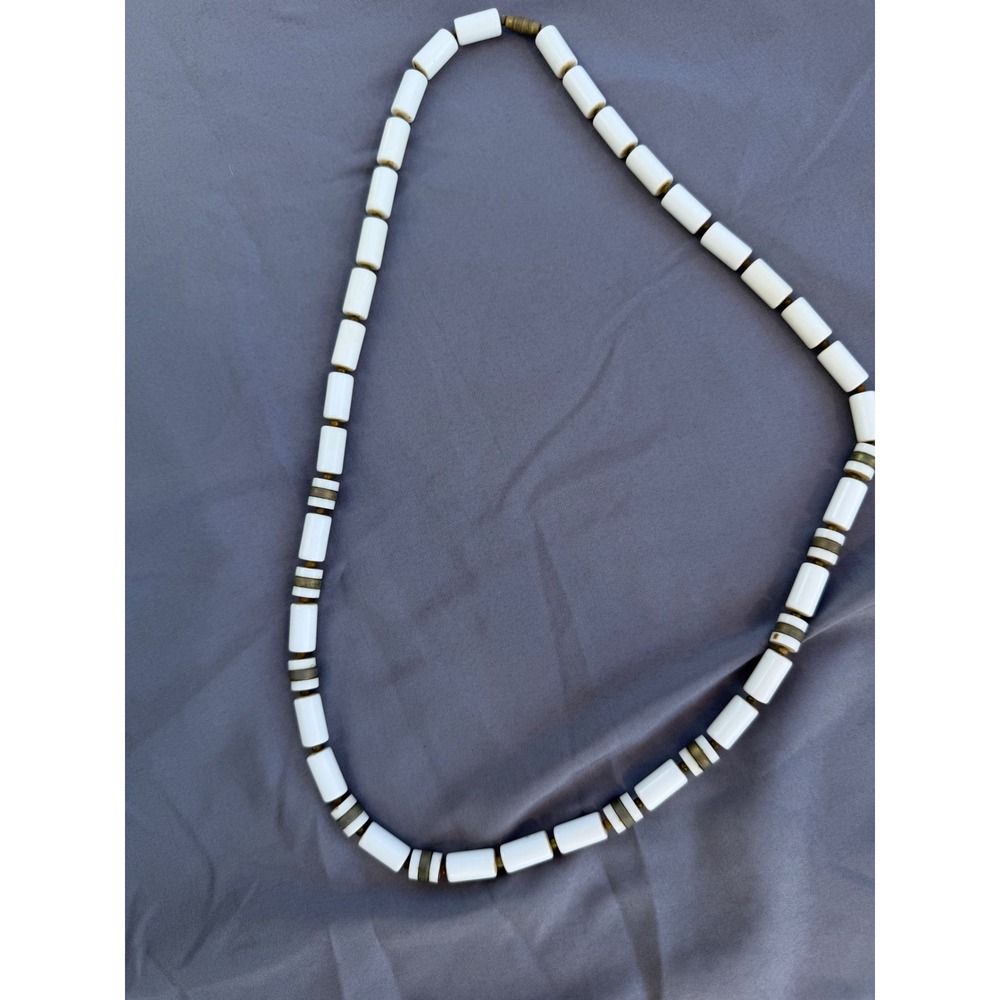 Vintage Bovine Bone Cylinder Bead Necklace 28" Brass Spacers Barrel Clasp